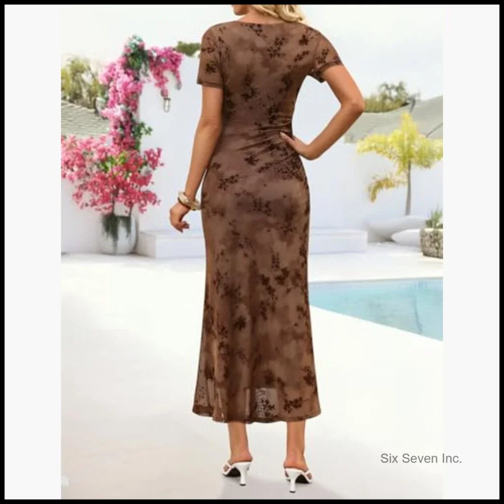 Floral Mesh Bodycon Maxi Dress for Cocktail Party Wedding Guest - Picture 6 of 7